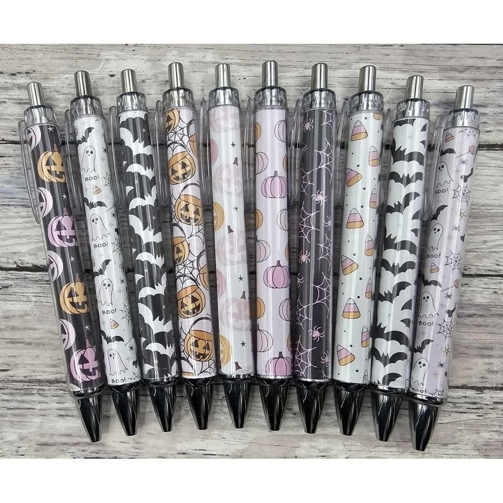 Halloween Pens Set of 10 Pumpkin Ghost Spiderweb Candy Corn Pattern